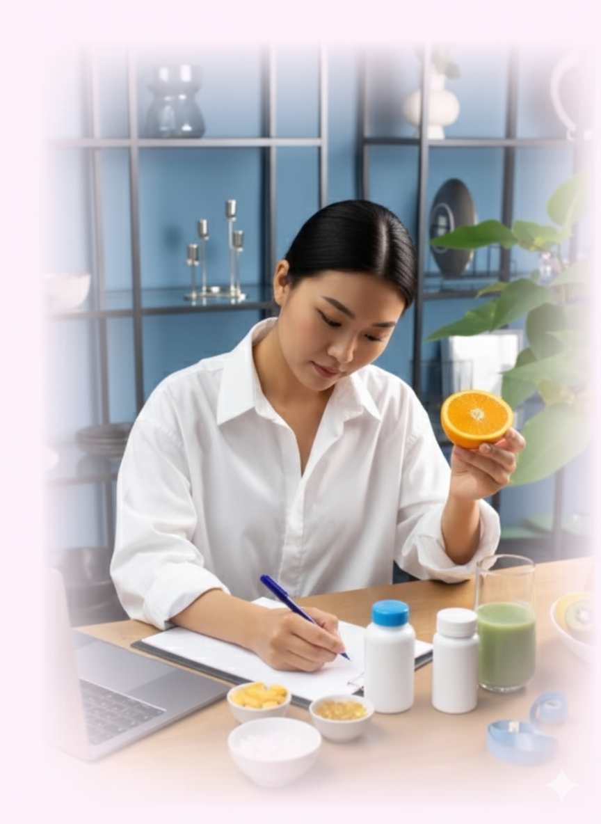 Mujer escribiendo con una naranja en la mano